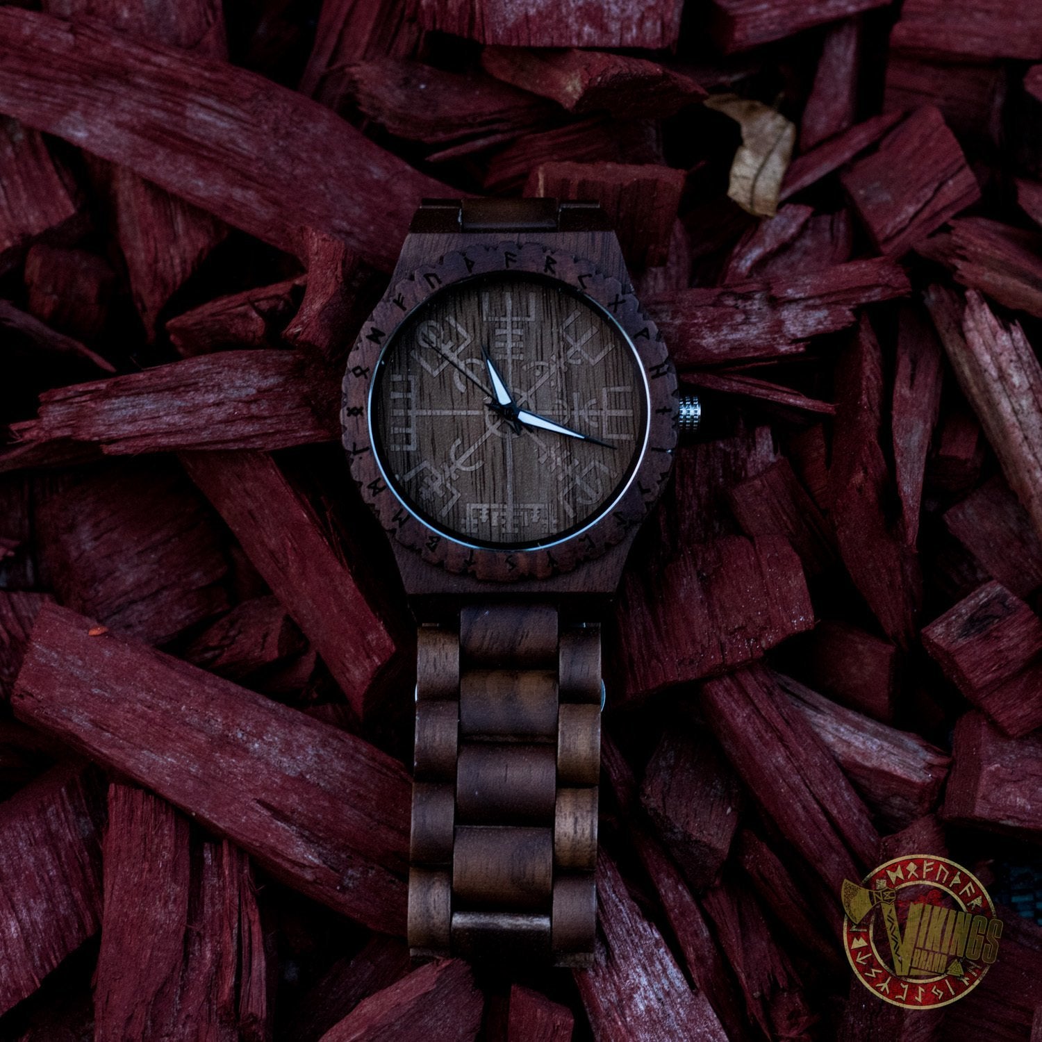 SALE! Arne Viking Wooden Watch with Vegvisir Viking Symbol With Optional Saying on the Back - VikingsBrand