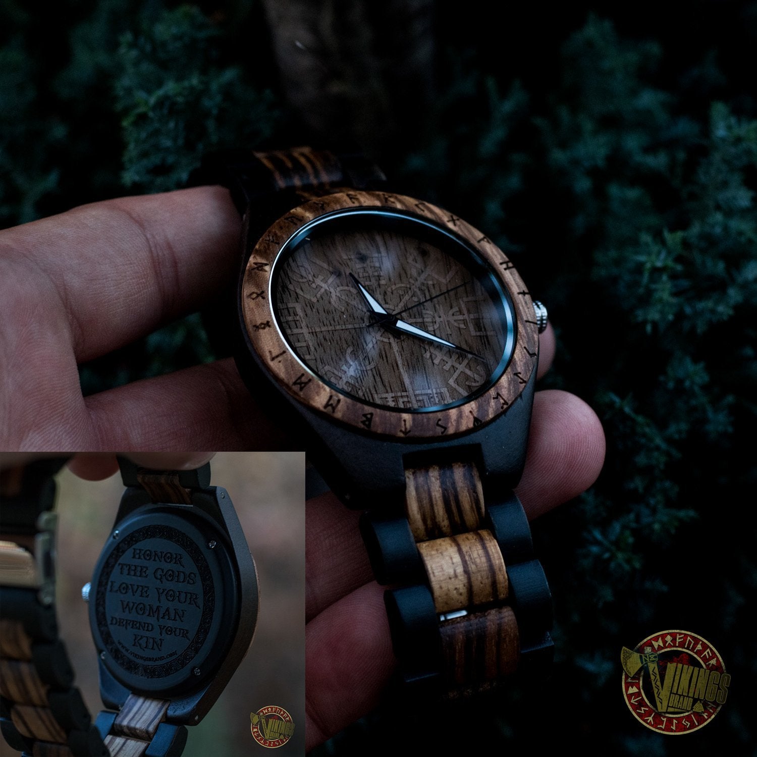 SALE! Arne Viking Wooden Watch with Vegvisir Viking Symbol With Optional Saying on the Back - VikingsBrand