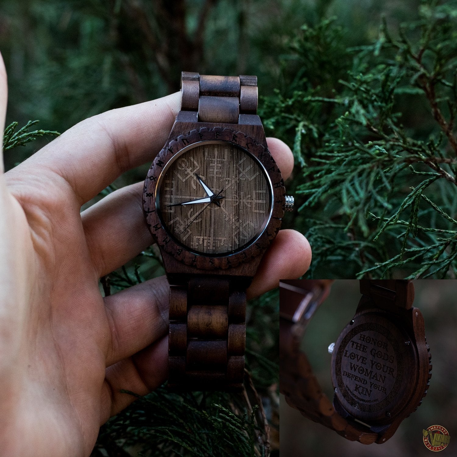 SALE! Arne Viking Wooden Watch with Vegvisir Viking Symbol With Optional Saying on the Back - VikingsBrand