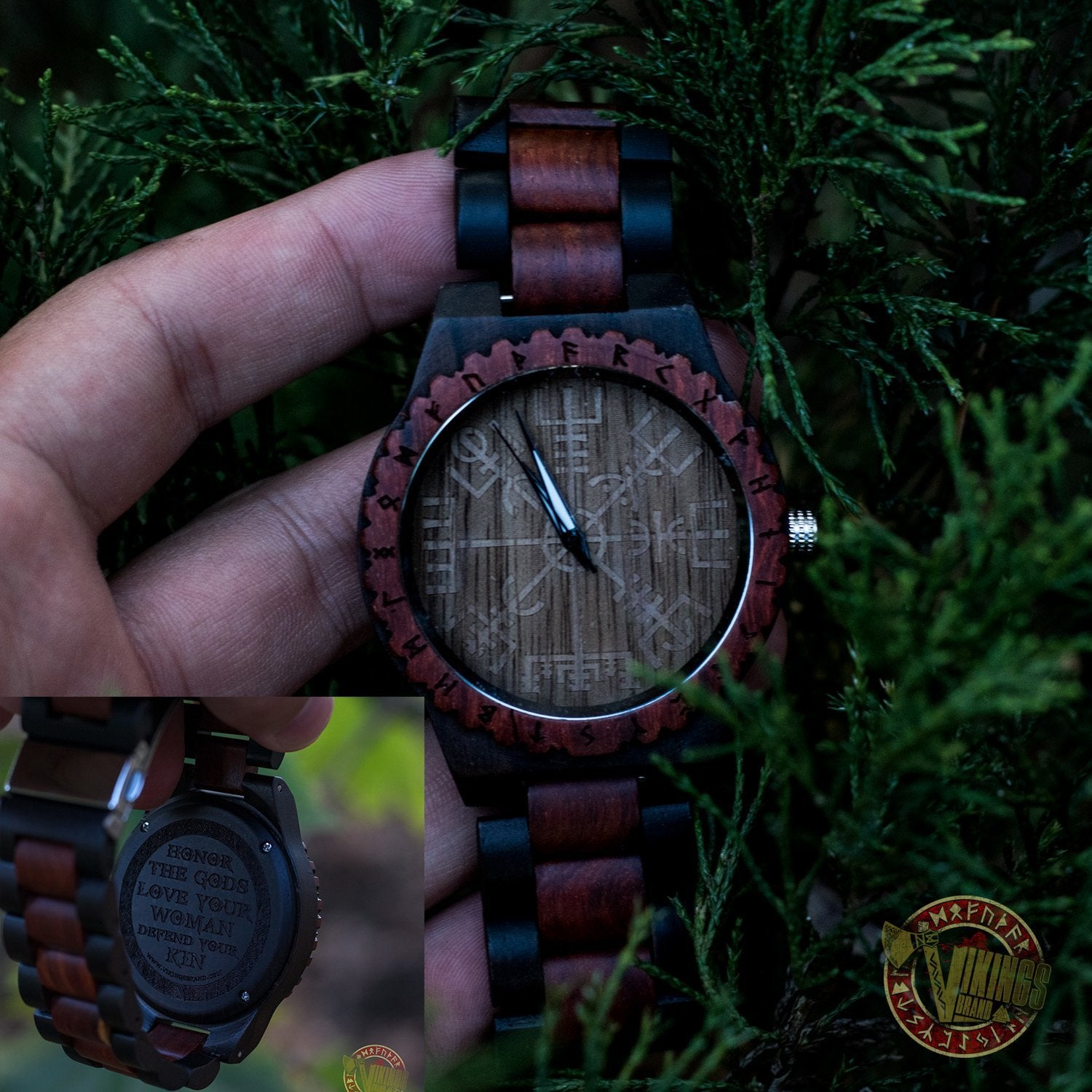 SALE! Arne Viking Wooden Watch with Vegvisir Viking Symbol With Optional Saying on the Back - VikingsBrand