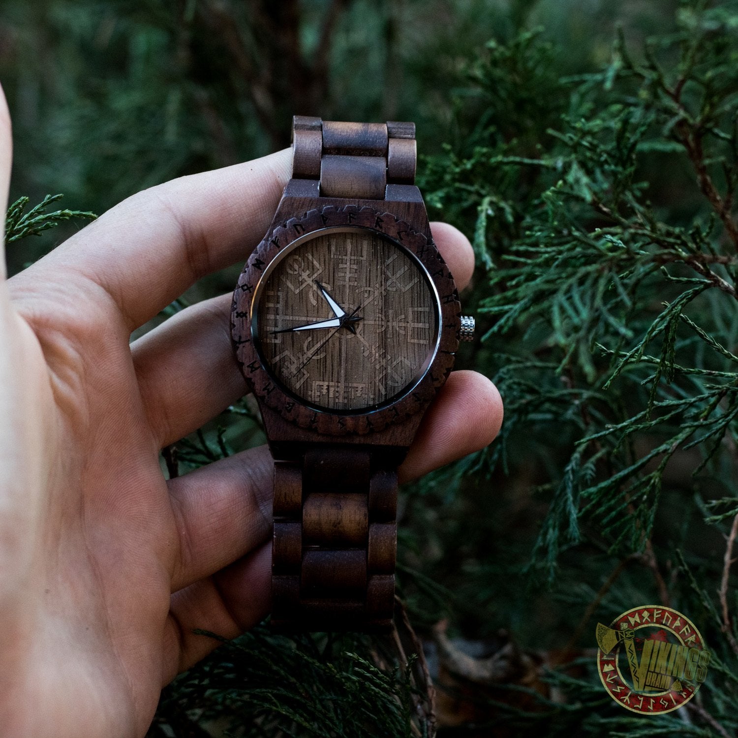 SALE! Arne Viking Wooden Watch with Vegvisir Viking Symbol With Optional Saying on the Back - VikingsBrand