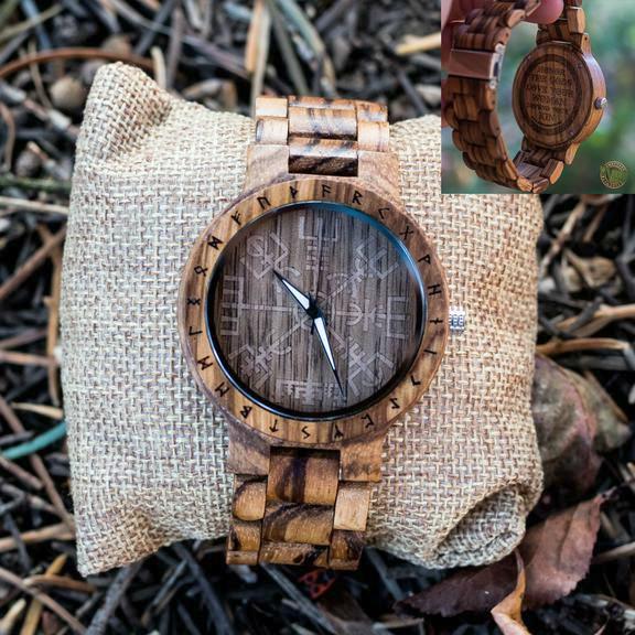 SALE! Arne Viking Wooden Watch with Vegvisir Viking Symbol With Optional Saying on the Back - VikingsBrand