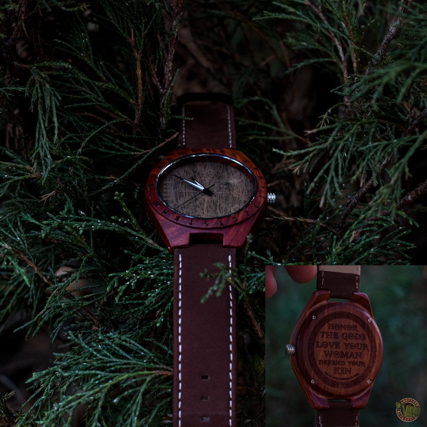SALE! Arne Viking Wooden Watch with Vegvisir Viking Symbol With Optional Saying on the Back - VikingsBrand