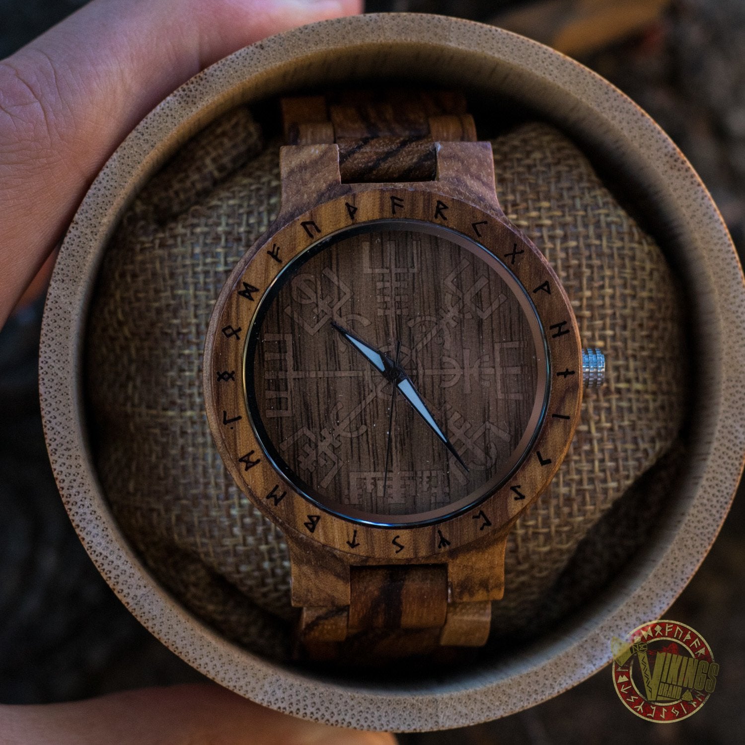 SALE! Arne Viking Wooden Watch with Vegvisir Viking Symbol With Optional Saying on the Back - VikingsBrand