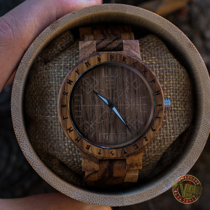 SALE! Arne Viking Wooden Watch with Vegvisir Viking Symbol With Optional Saying on the Back - VikingsBrand