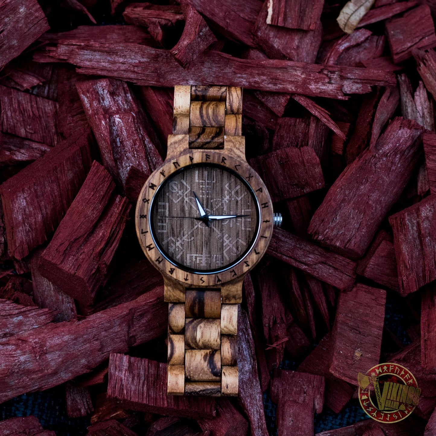 SALE! Arne Viking Wooden Watch with Vegvisir Viking Symbol With Optional Saying on the Back - VikingsBrand