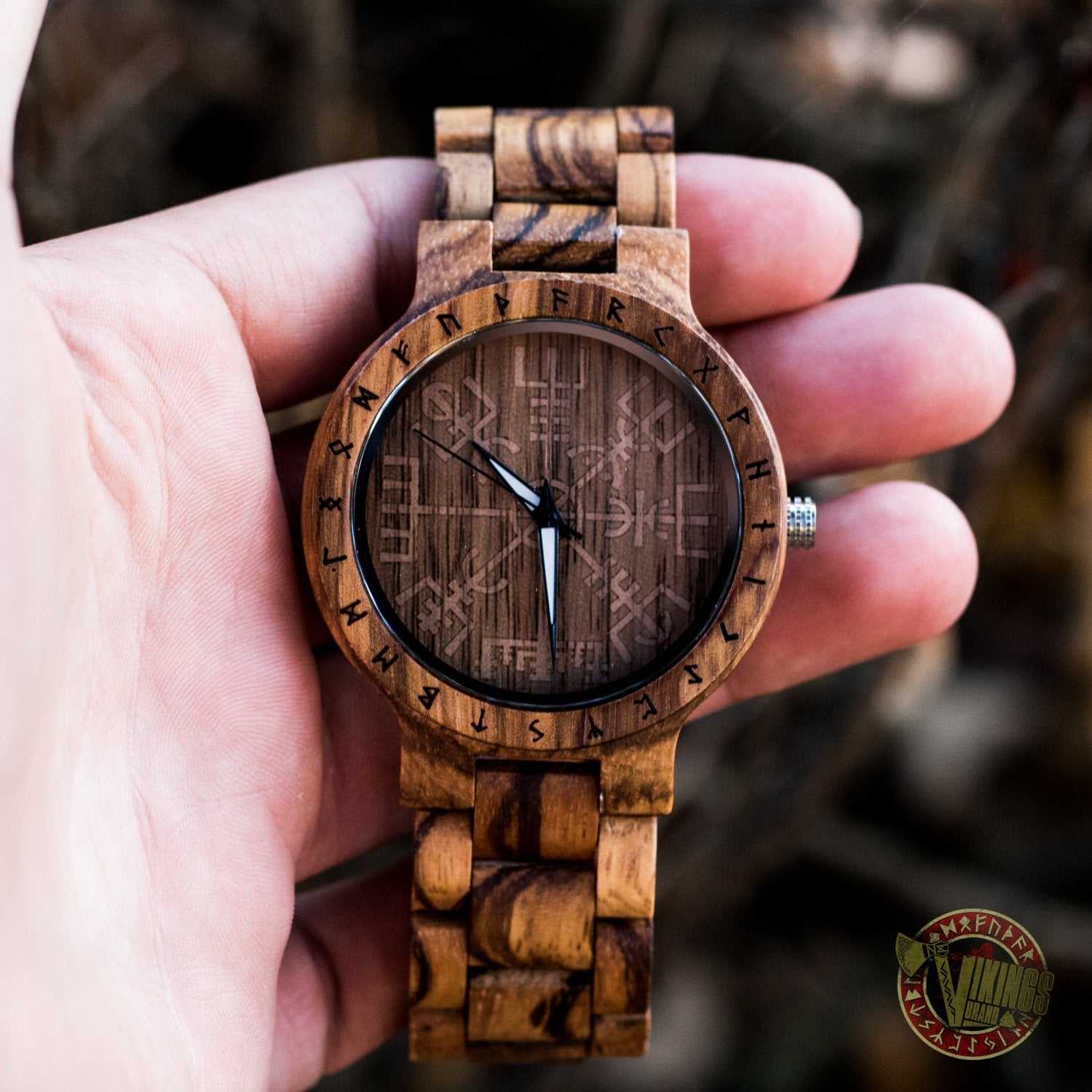 SALE! Arne Viking Wooden Watch with Vegvisir Viking Symbol With Optional Saying on the Back - VikingsBrand