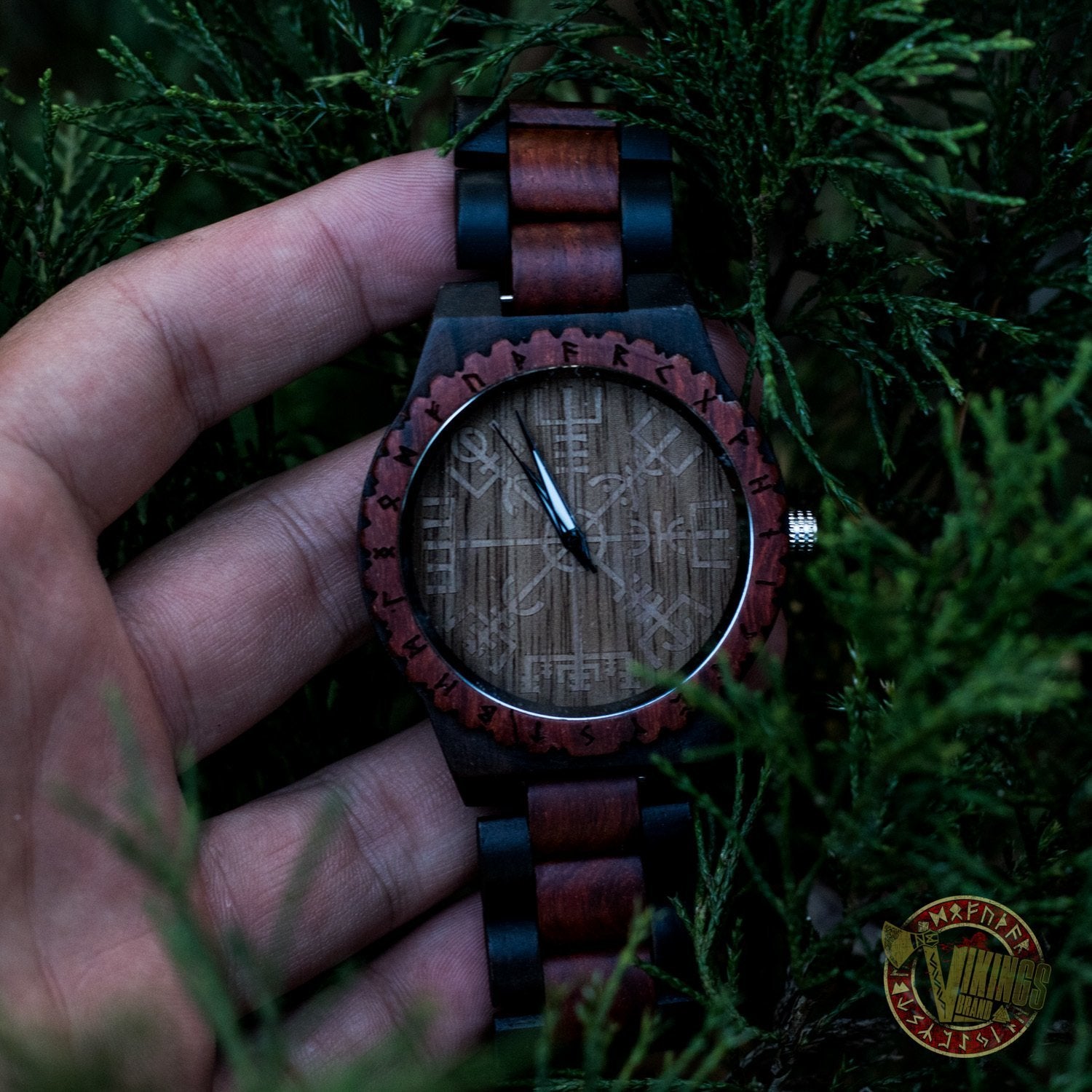 SALE! Arne Viking Wooden Watch with Vegvisir Viking Symbol With Optional Saying on the Back - VikingsBrand