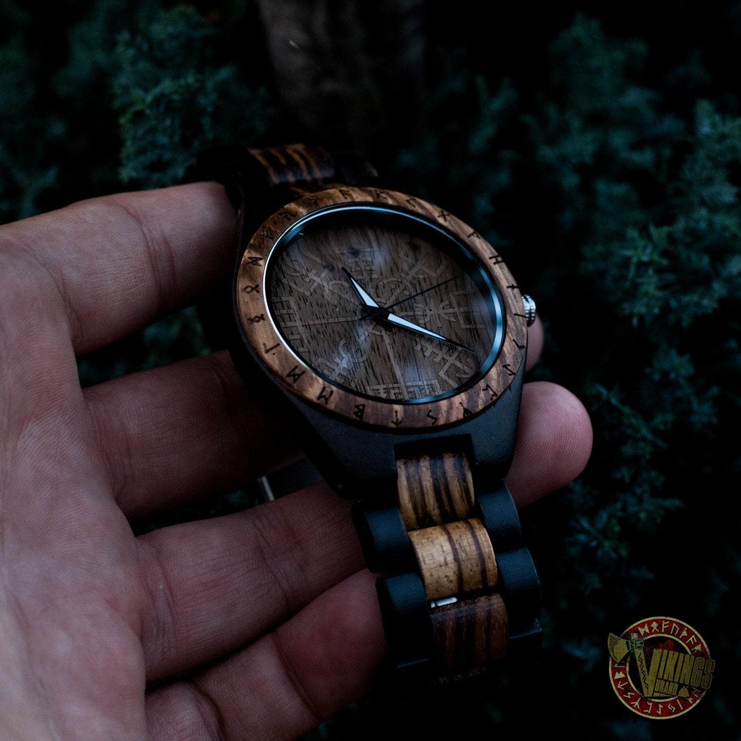 SALE! Arne Viking Wooden Watch with Vegvisir Viking Symbol With Optional Saying on the Back - VikingsBrand