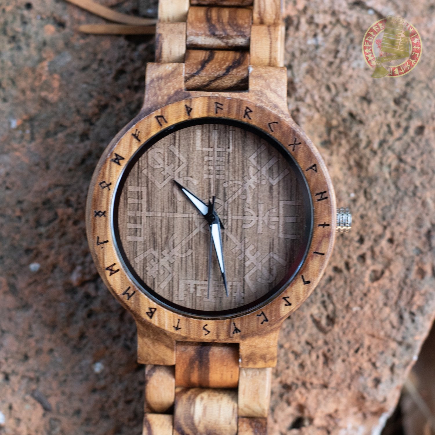 SALE! Arne Viking Wooden Watch with Vegvisir Viking Symbol With Optional Saying on the Back - VikingsBrand