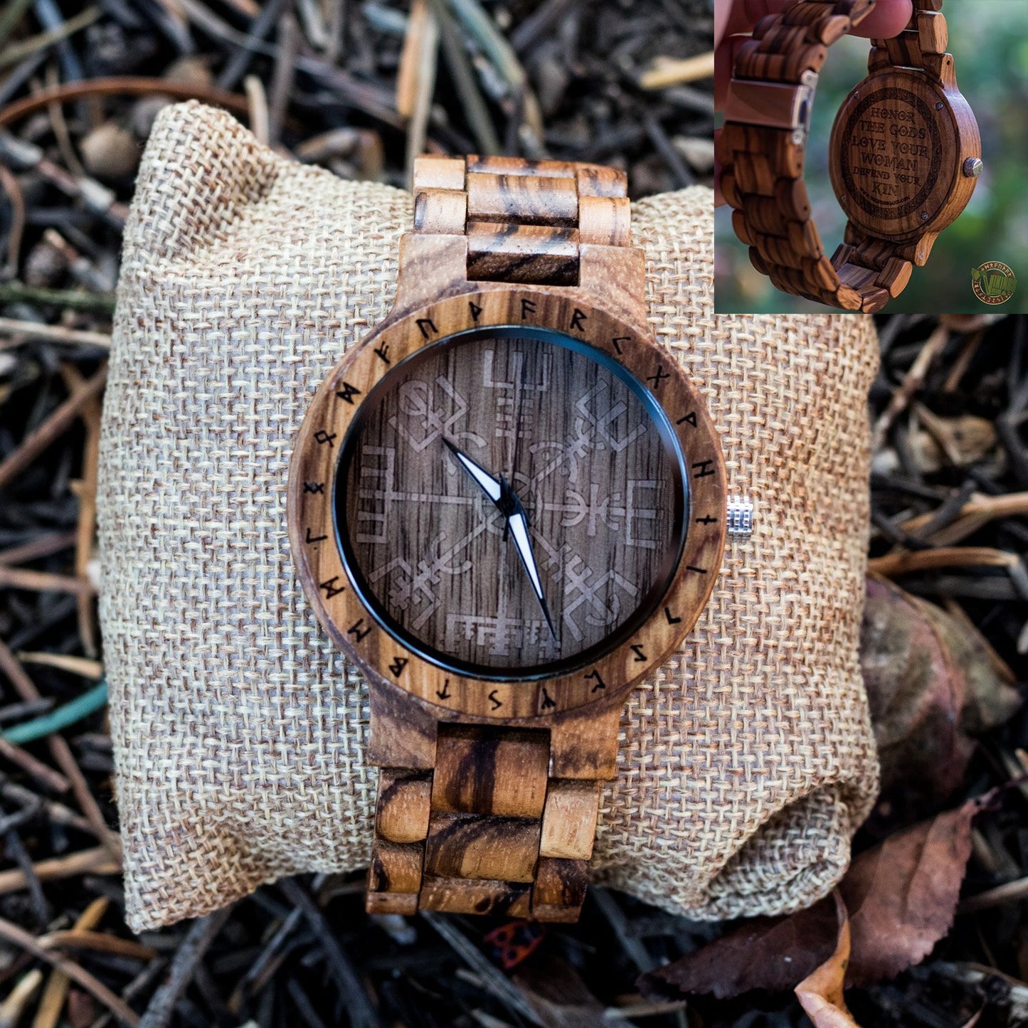 SALE! Arne Viking Wooden Watch with Vegvisir Viking Symbol With Optional Saying on the Back - VikingsBrand