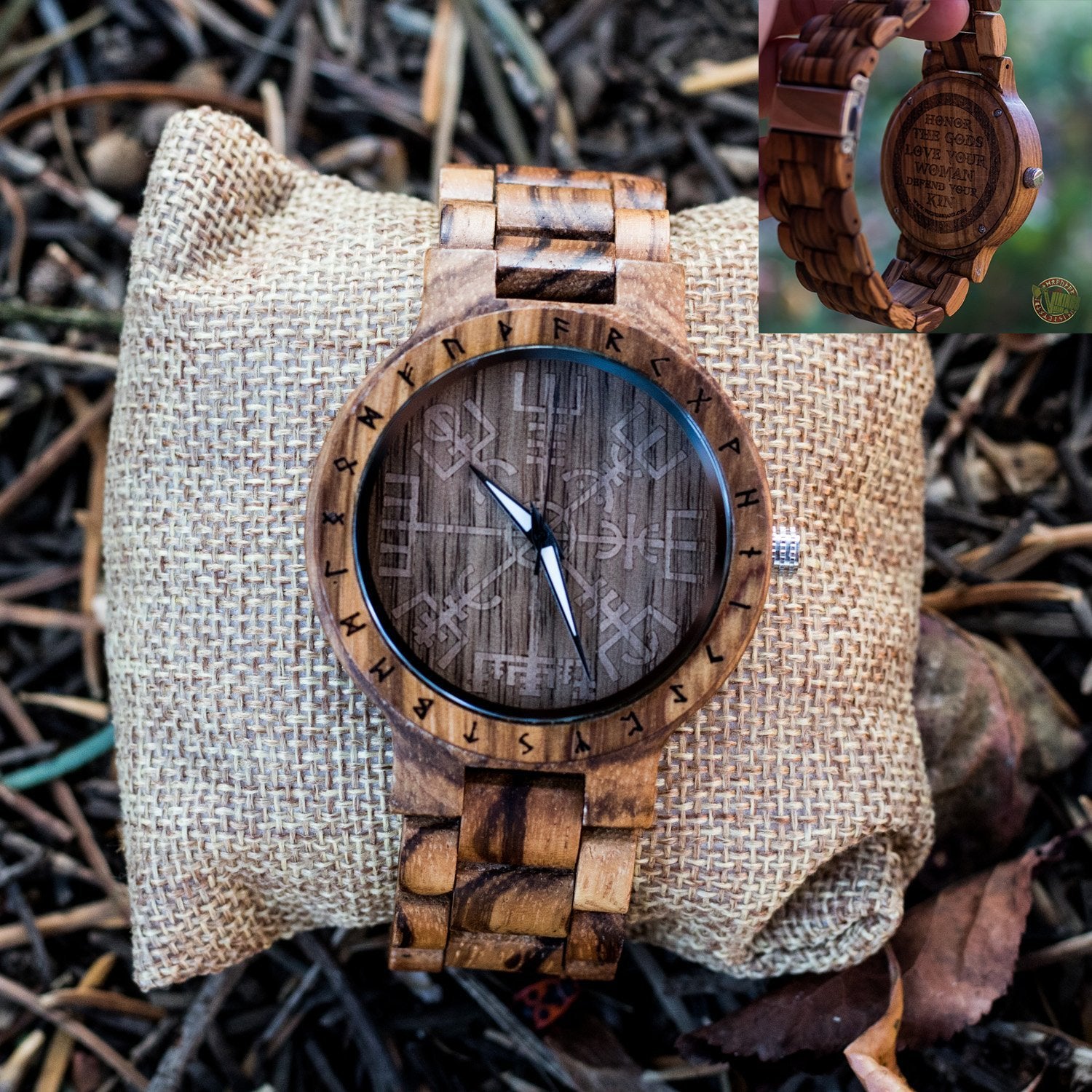 SALE! Arne Viking Wooden Watch with Vegvisir Viking Symbol With Optional Saying on the Back - VikingsBrand