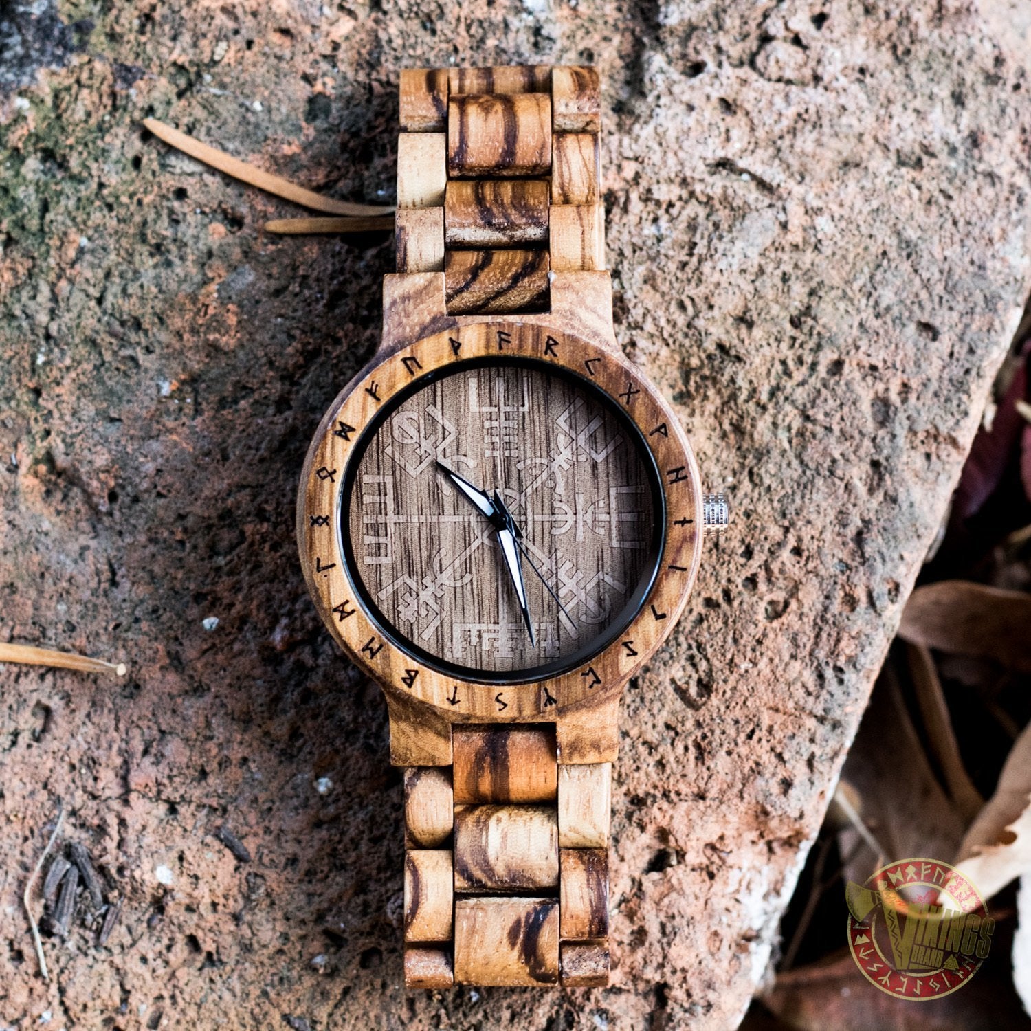 SALE! Arne Viking Wooden Watch with Vegvisir Viking Symbol With Optional Saying on the Back - VikingsBrand