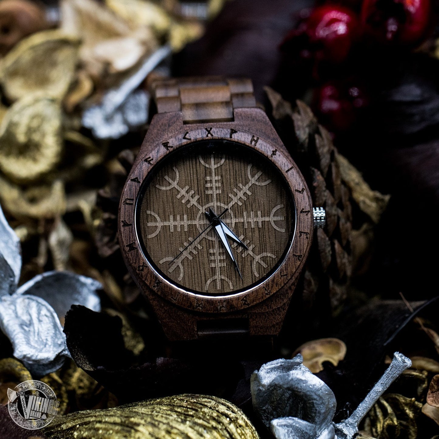 SALE! Bard Viking Wooden Runic Circle Watch with Helm of Awe Viking Symbol & Engraved Saying on the Back - VikingsBrand