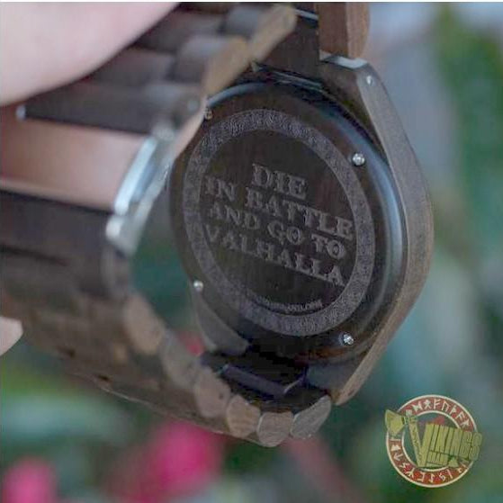 SALE! Bard Viking Wooden Runic Circle Watch with Helm of Awe Viking Symbol & Engraved Saying on the Back - VikingsBrand