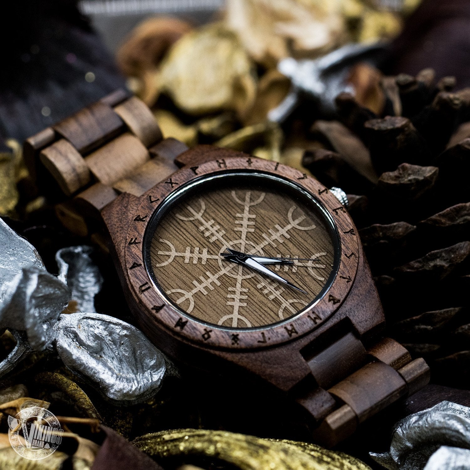 SALE! Bard Viking Wooden Runic Circle Watch with Helm of Awe Viking Symbol & Engraved Saying on the Back - VikingsBrand