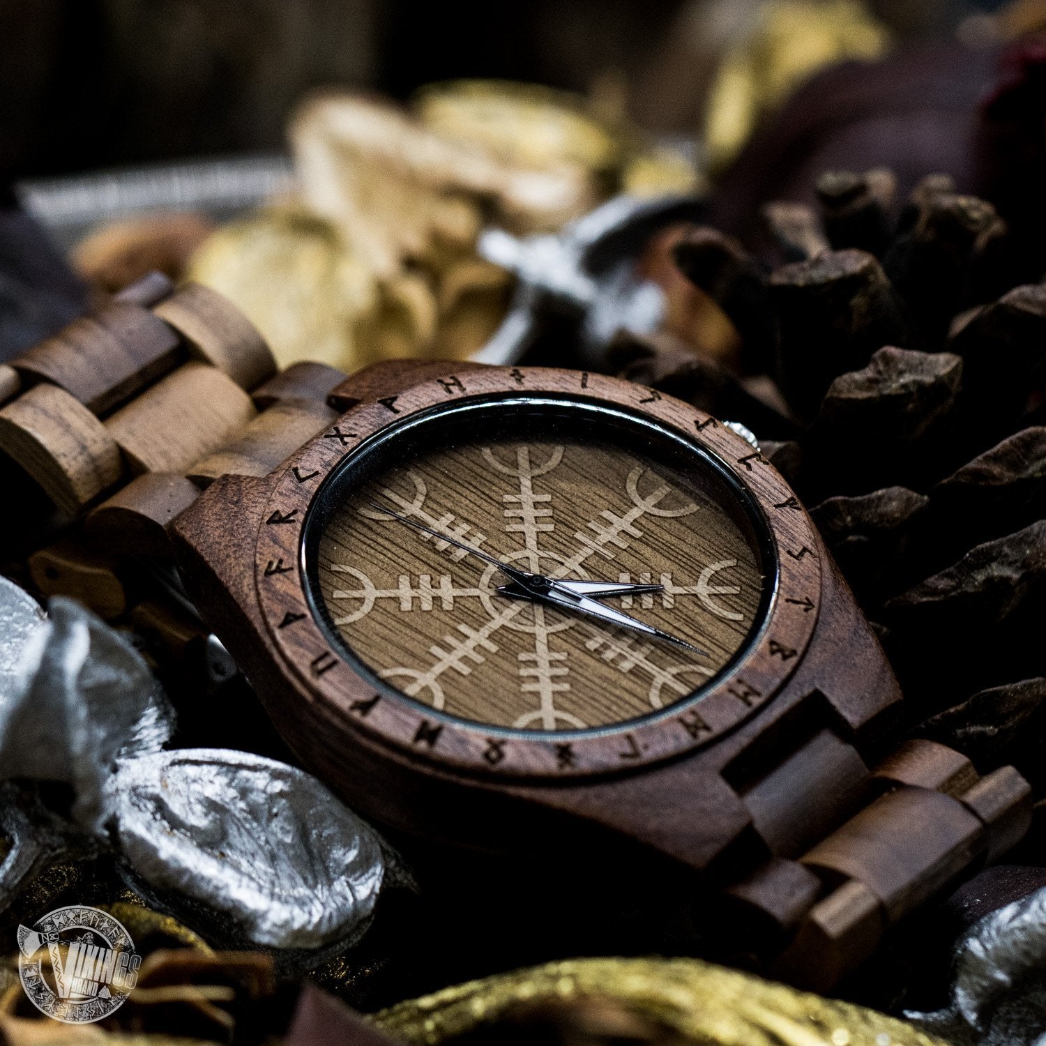 SALE! Bard Viking Wooden Runic Circle Watch with Helm of Awe Viking Symbol & Engraved Saying on the Back - VikingsBrand