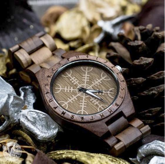 SALE! Bard Viking Wooden Runic Circle Watch with Helm of Awe Viking Symbol & Engraved Saying on the Back - VikingsBrand