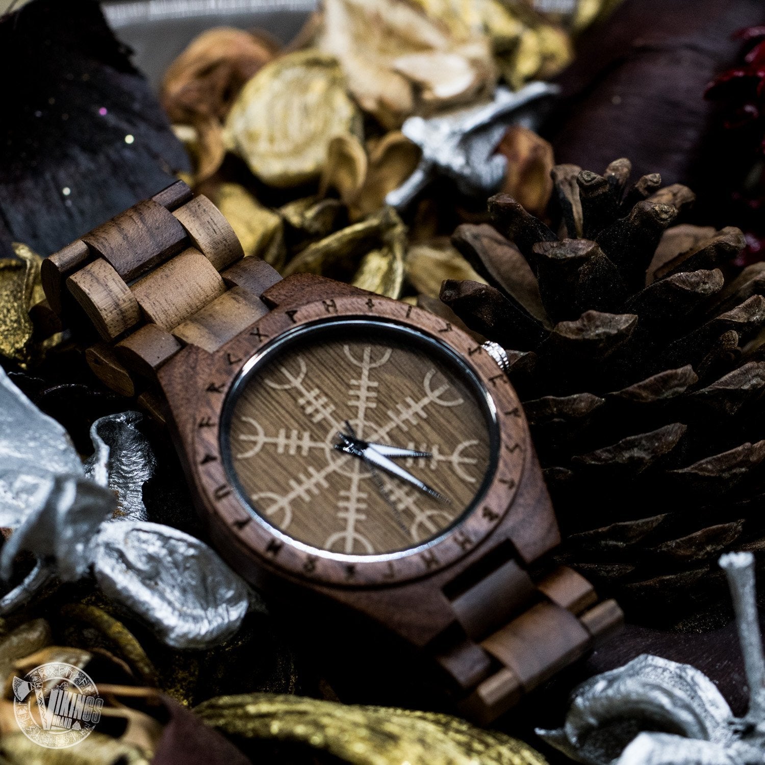 SALE! Bard Viking Wooden Runic Circle Watch with Helm of Awe Viking Symbol & Engraved Saying on the Back - VikingsBrand