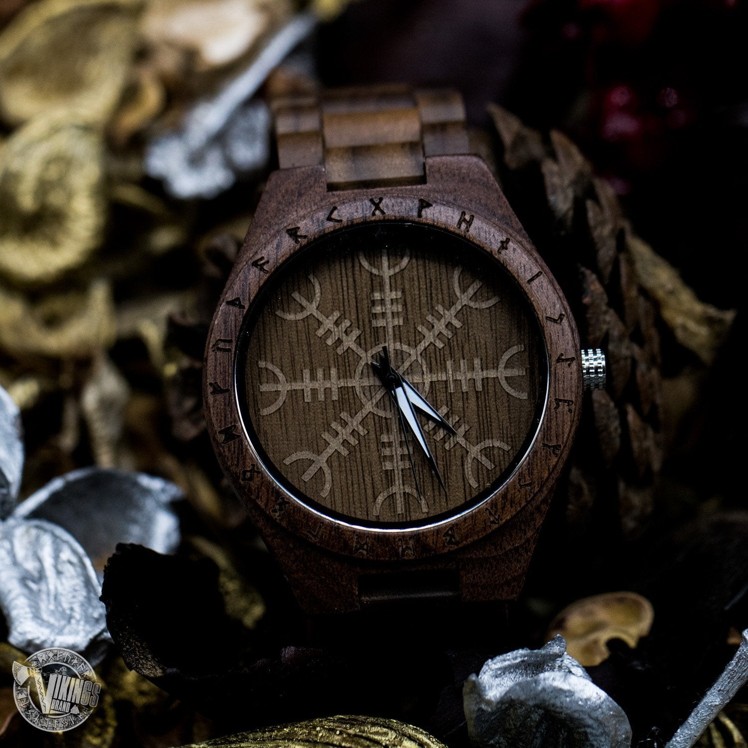 SALE! Bard Viking Wooden Runic Circle Watch with Helm of Awe Viking Symbol & Engraved Saying on the Back - VikingsBrand