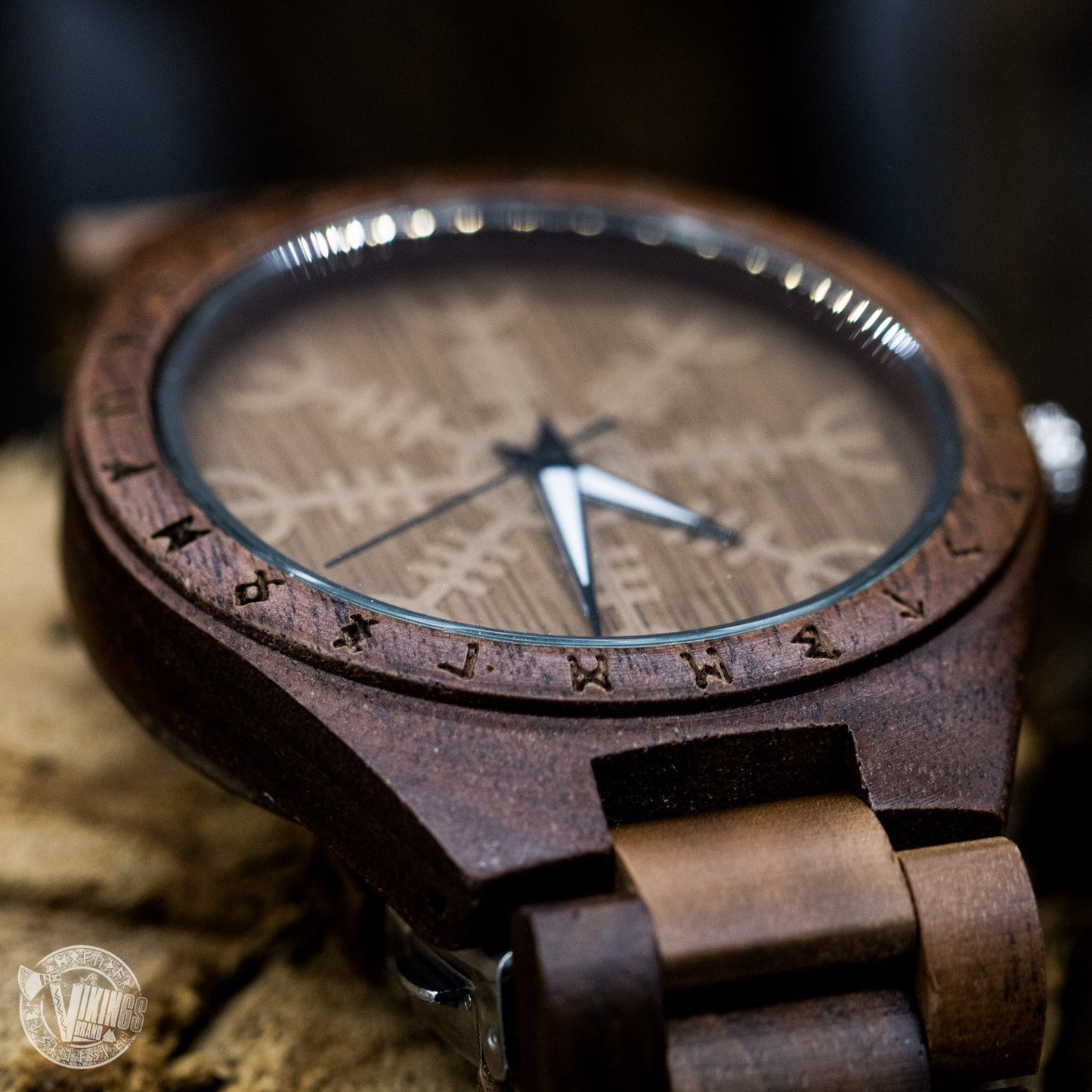 SALE! Bard Viking Wooden Runic Circle Watch with Helm of Awe Viking Symbol & Engraved Saying on the Back - VikingsBrand