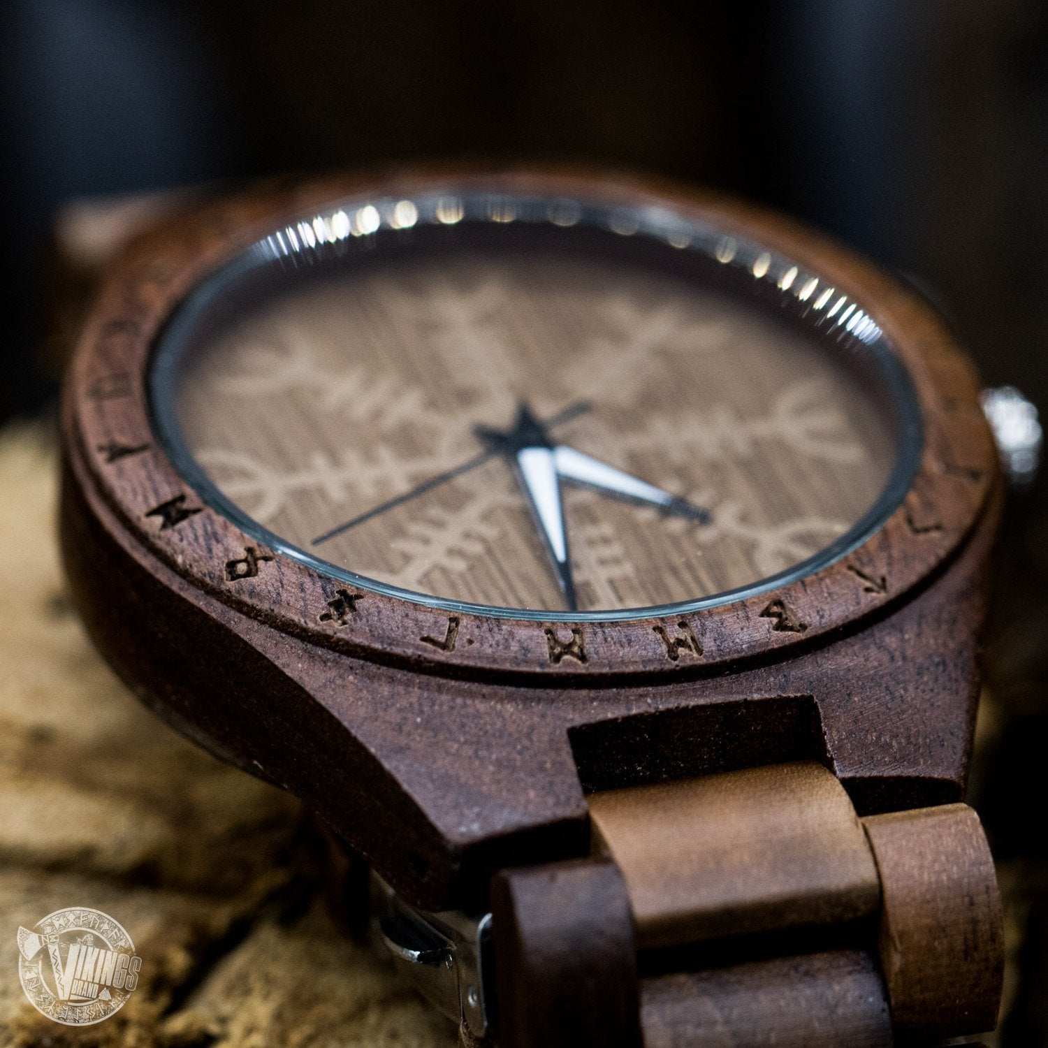 SALE! Bard Viking Wooden Runic Circle Watch with Helm of Awe Viking Symbol & Engraved Saying on the Back - VikingsBrand