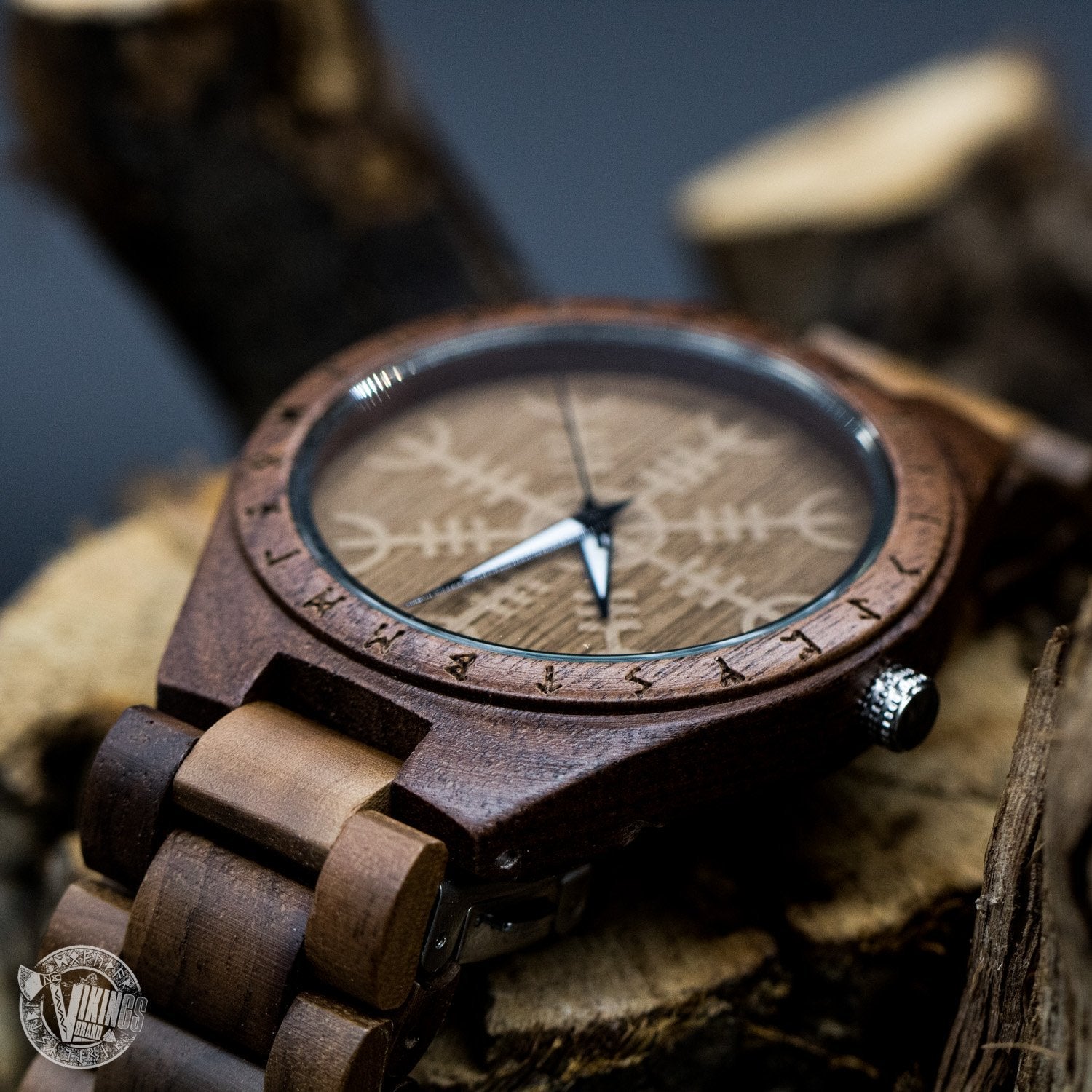 SALE! Bard Viking Wooden Runic Circle Watch with Helm of Awe Viking Symbol & Engraved Saying on the Back - VikingsBrand