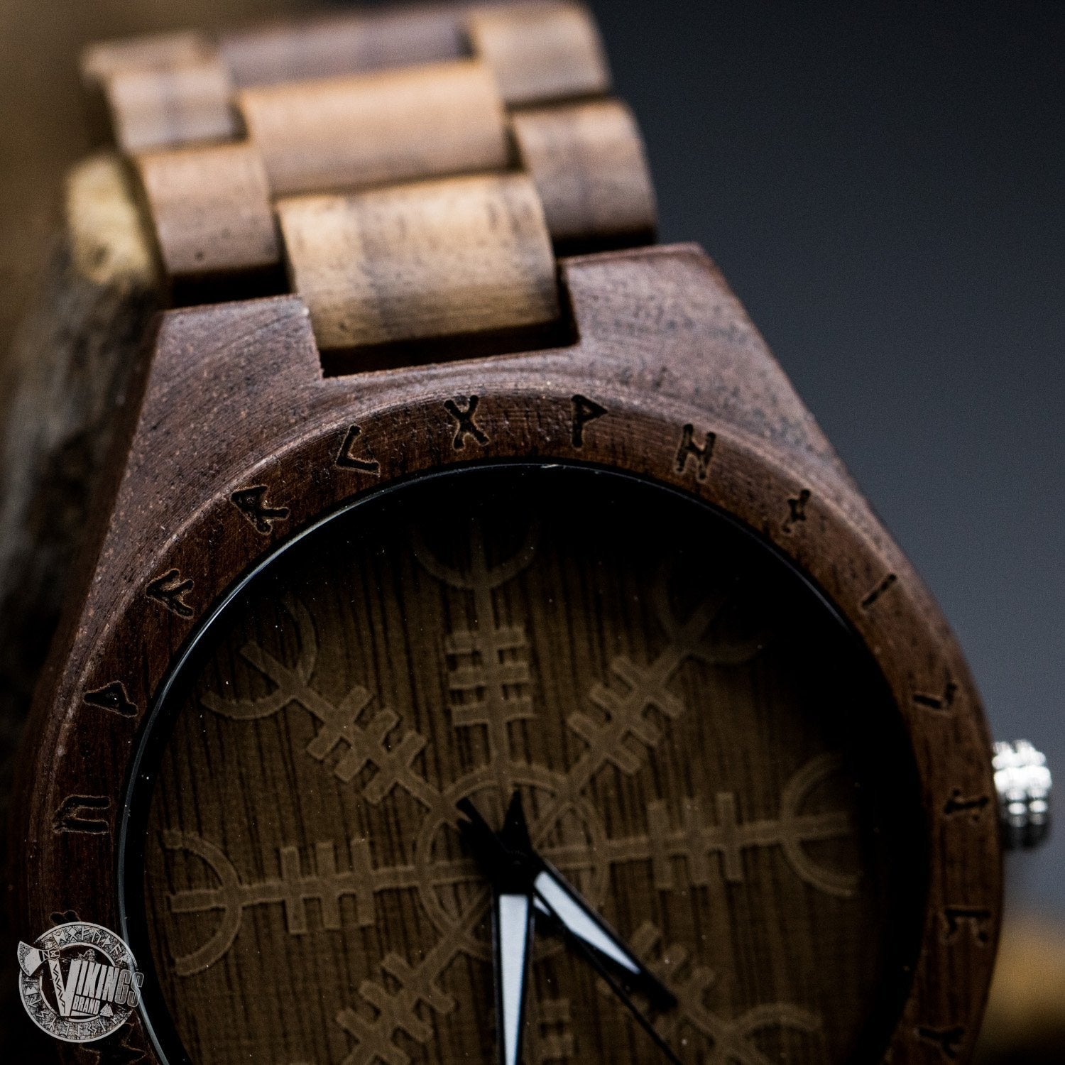 SALE! Bard Viking Wooden Runic Circle Watch with Helm of Awe Viking Symbol & Engraved Saying on the Back - VikingsBrand