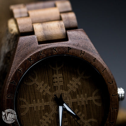 SALE! Bard Viking Wooden Runic Circle Watch with Helm of Awe Viking Symbol & Engraved Saying on the Back - VikingsBrand