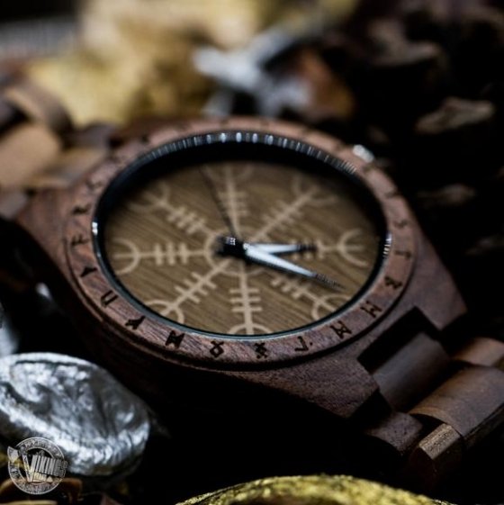 SALE! Bard Viking Wooden Runic Circle Watch with Helm of Awe Viking Symbol & Engraved Saying on the Back - VikingsBrand