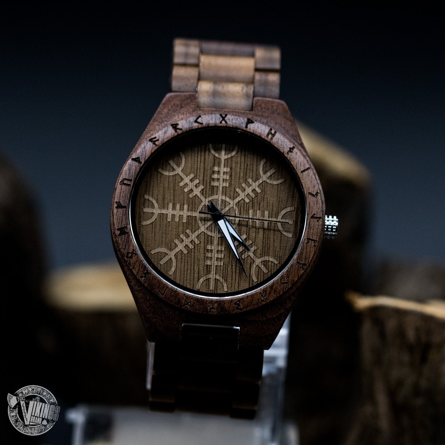SALE! Bard Viking Wooden Runic Circle Watch with Helm of Awe Viking Symbol & Engraved Saying on the Back - VikingsBrand