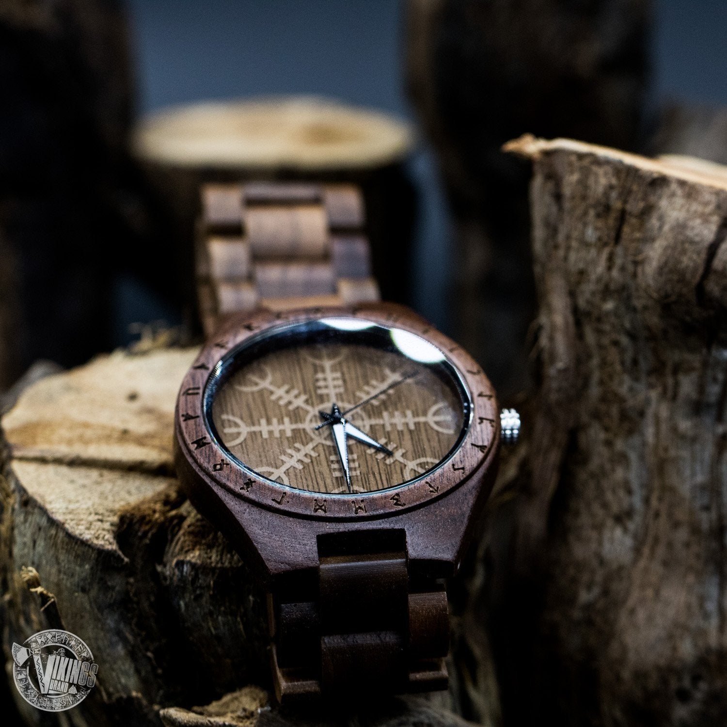 SALE! Bard Viking Wooden Runic Circle Watch with Helm of Awe Viking Symbol & Engraved Saying on the Back - VikingsBrand