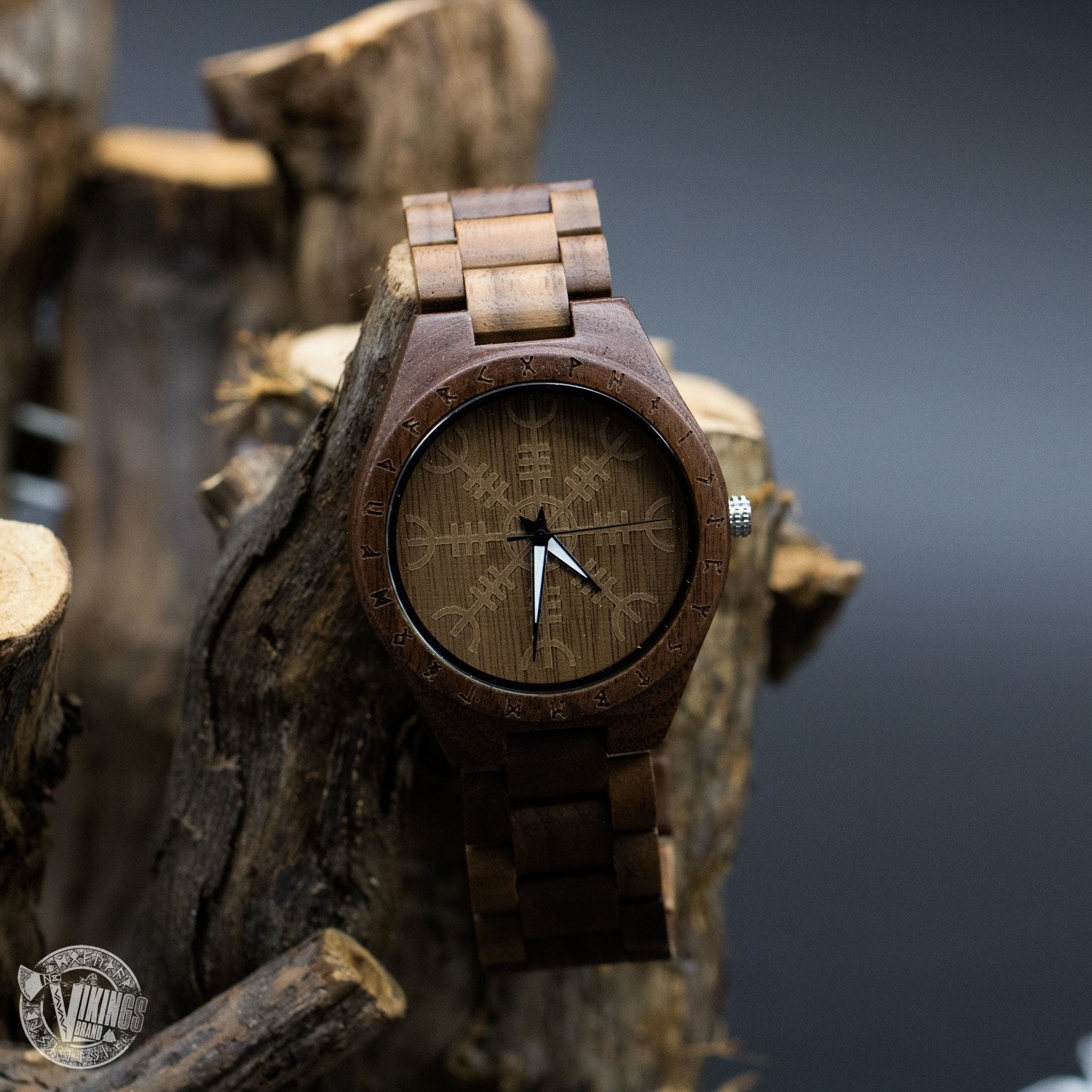 SALE! Bard Viking Wooden Runic Circle Watch with Helm of Awe Viking Symbol & Engraved Saying on the Back - VikingsBrand