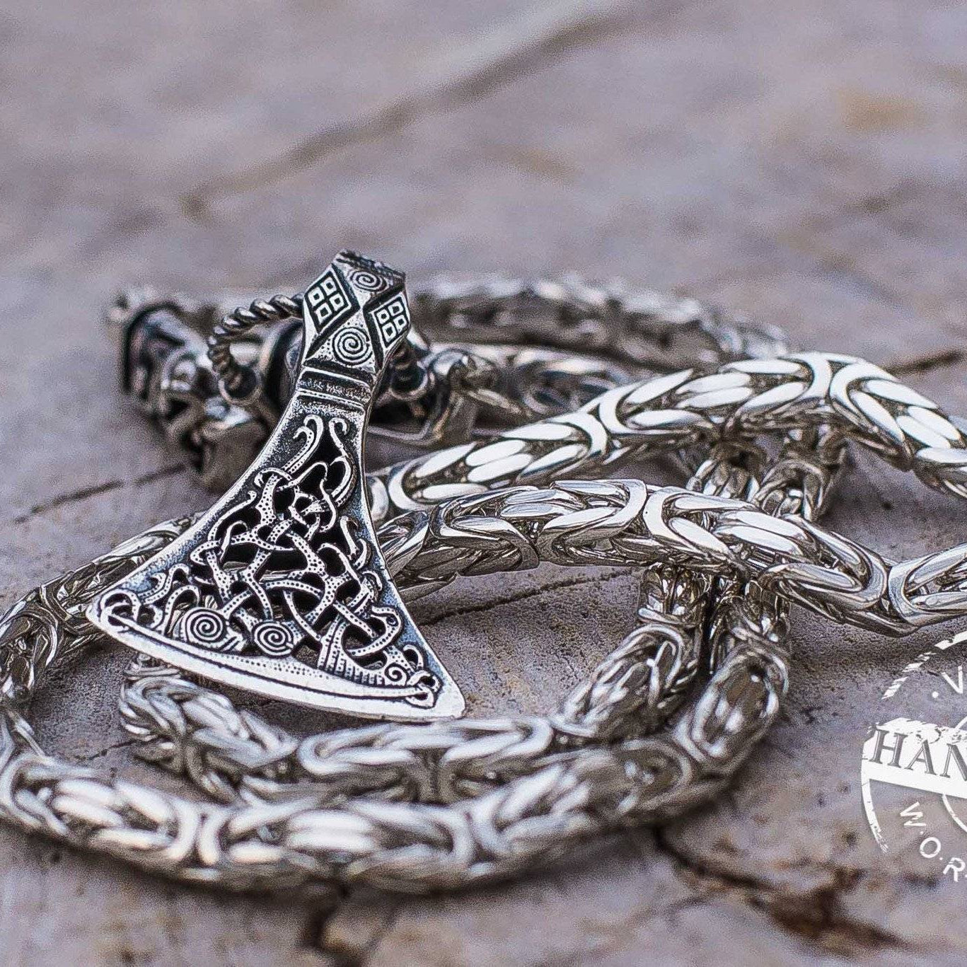 Set of Sterling Silver Square Viking Chain with Wolf Tips and Viking Axe Pendant - VikingsBrand