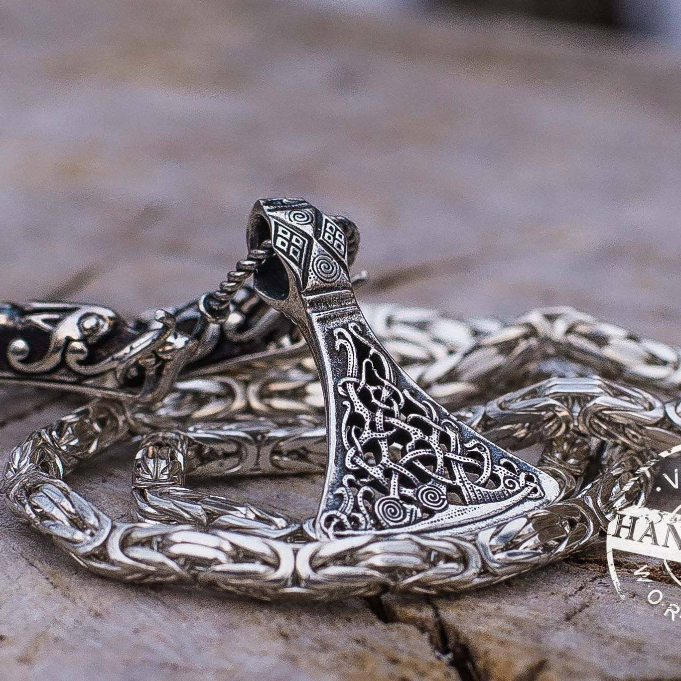 Set of Sterling Silver Square Viking Chain with Wolf Tips and Viking Axe Pendant - VikingsBrand