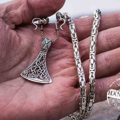 Set of Sterling Silver Square Viking Chain with Wolf Tips and Viking Axe Pendant - VikingsBrand