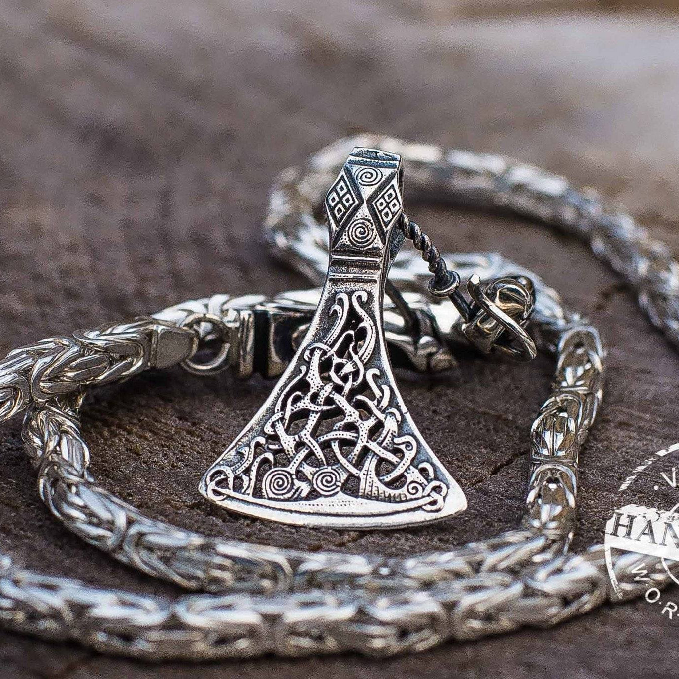 Set of Sterling Silver Square Viking Chain with Wolf Tips and Viking Axe Pendant - VikingsBrand