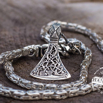 Set of Sterling Silver Square Viking Chain with Wolf Tips and Viking Axe Pendant - VikingsBrand