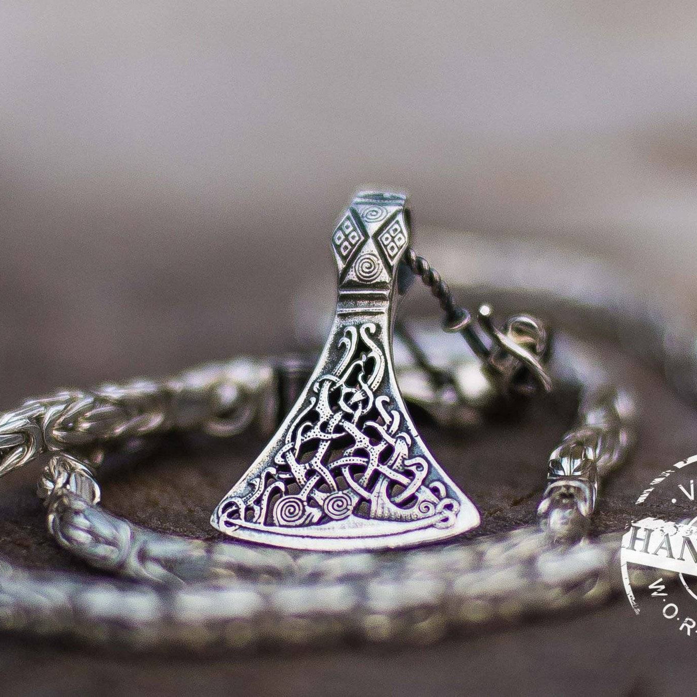 Set of Sterling Silver Square Viking Chain with Wolf Tips and Viking Axe Pendant - VikingsBrand