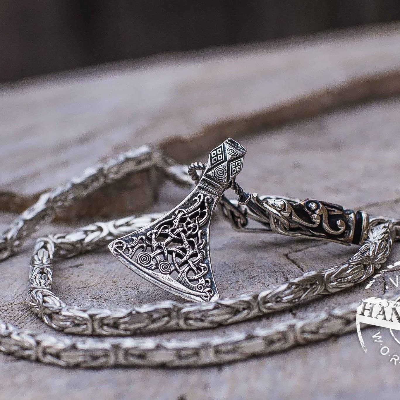Set of Sterling Silver Square Viking Chain with Wolf Tips and Viking Axe Pendant - VikingsBrand