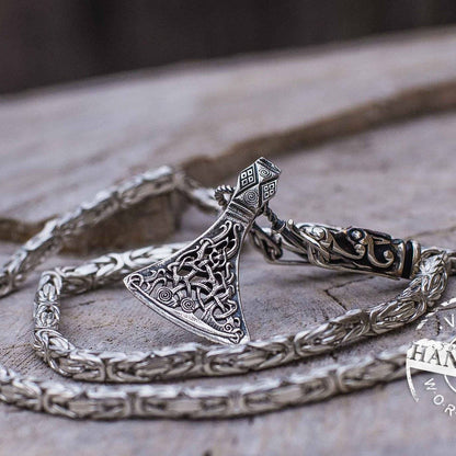 Set of Sterling Silver Square Viking Chain with Wolf Tips and Viking Axe Pendant - VikingsBrand