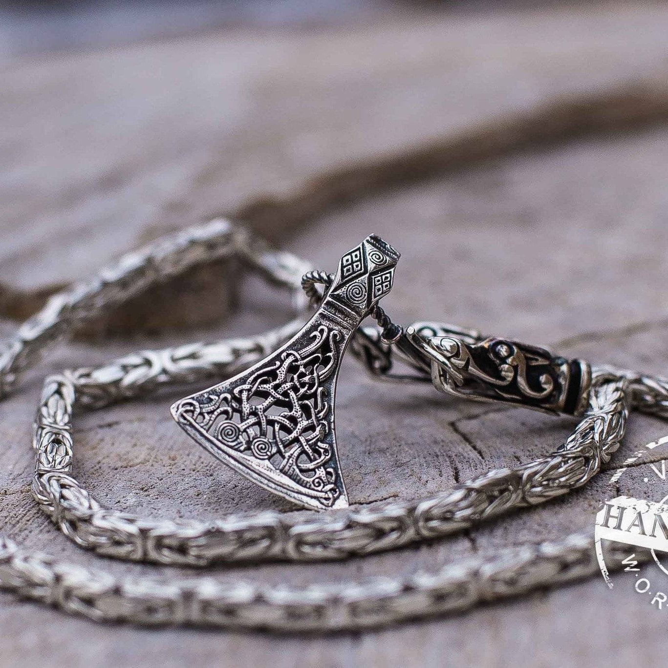 Set of Sterling Silver Square Viking Chain with Wolf Tips and Viking Axe Pendant - VikingsBrand