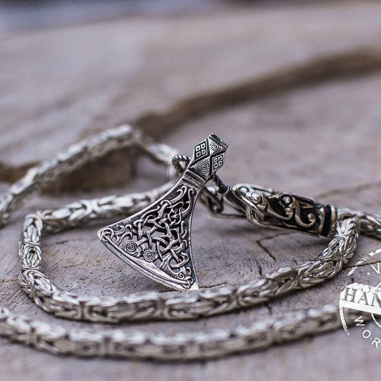 Set of Sterling Silver Square Viking Chain with Wolf Tips and Viking Axe Pendant - VikingsBrand