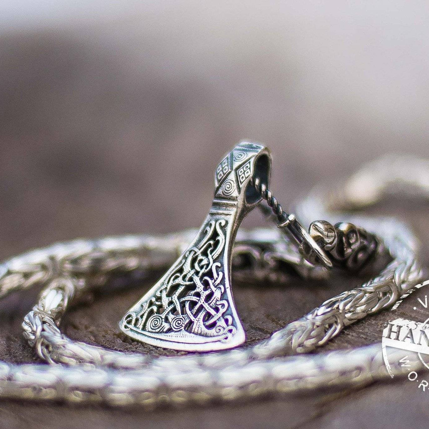 Set of Sterling Silver Square Viking Chain with Wolf Tips and Viking Axe Pendant - VikingsBrand