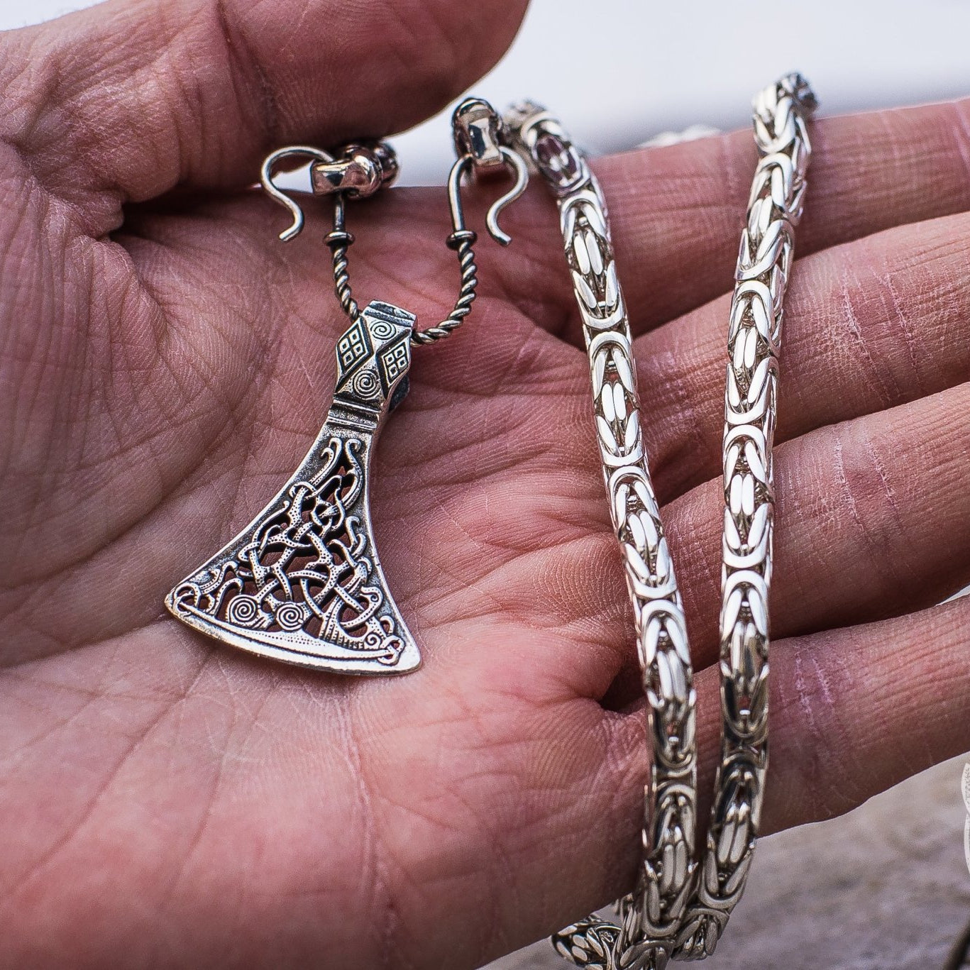 Set of Viking Chain with Wolf Tips and Viking Axe Pendant 925 Sterling Silver - VikingsBrand