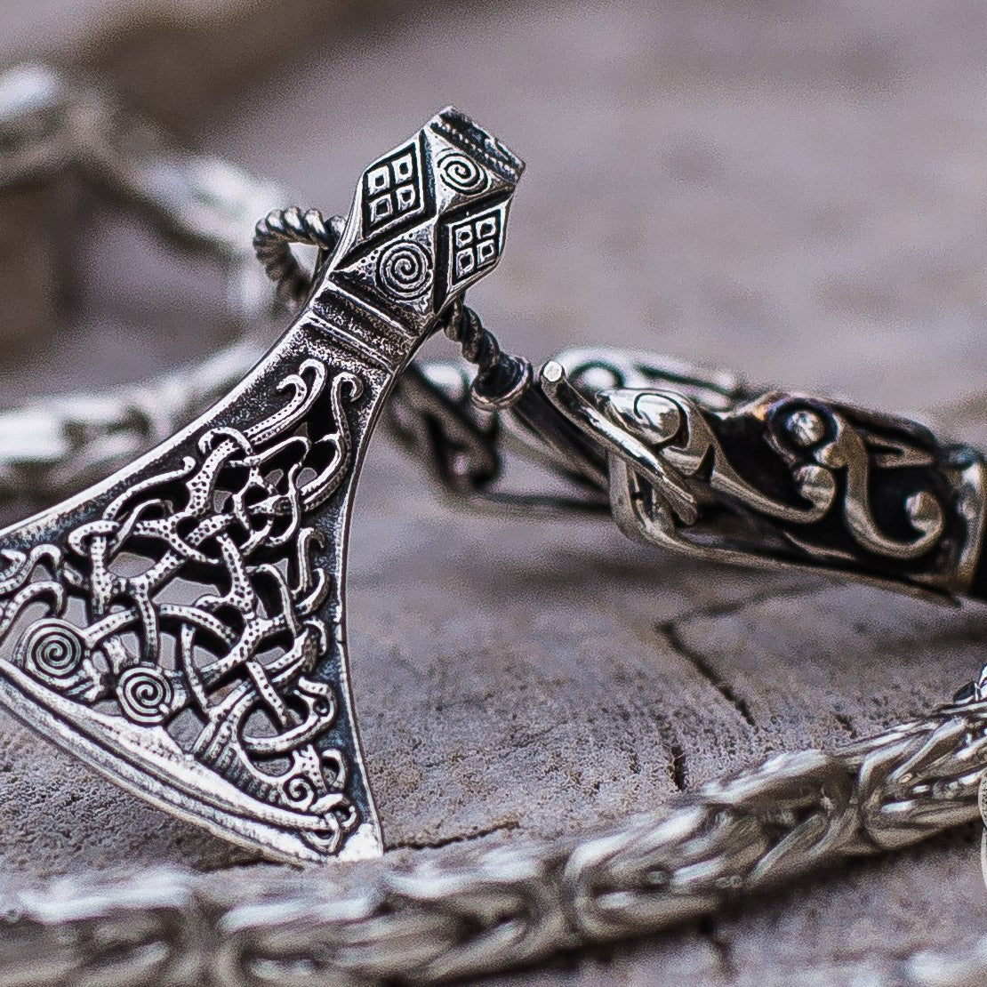 Set of Viking Chain with Wolf Tips and Viking Axe Pendant 925 Sterling Silver - VikingsBrand