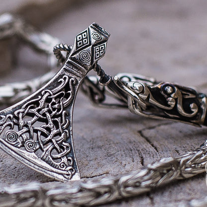 Set of Viking Chain with Wolf Tips and Viking Axe Pendant 925 Sterling Silver - VikingsBrand