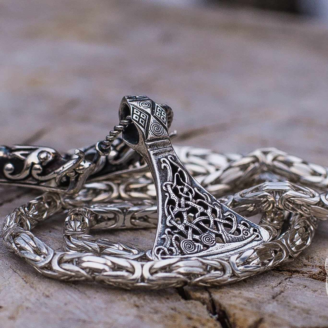Set of Viking Chain with Wolf Tips and Viking Axe Pendant 925 Sterling Silver - VikingsBrand