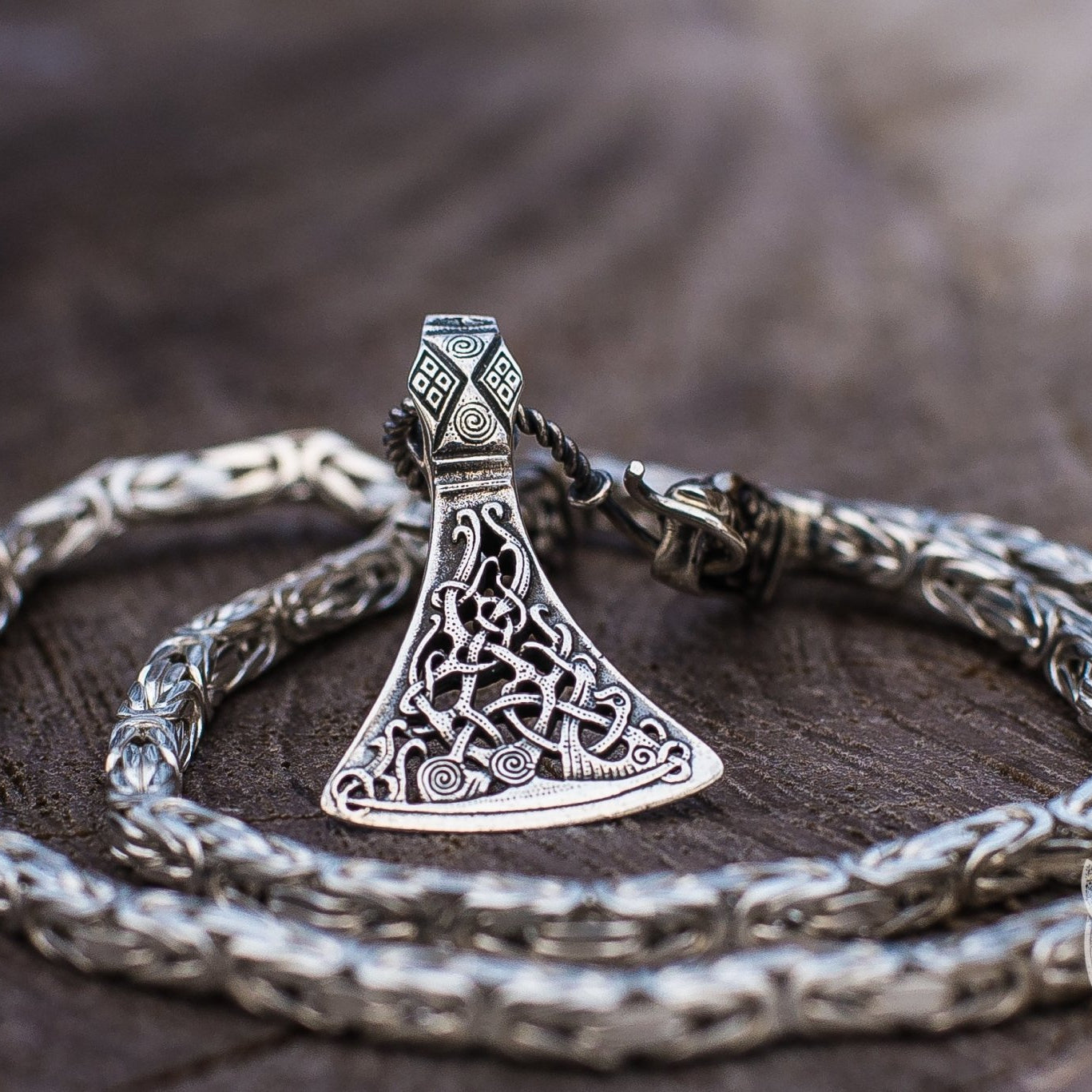 Set of Viking Chain with Wolf Tips and Viking Axe Pendant 925 Sterling Silver - VikingsBrand