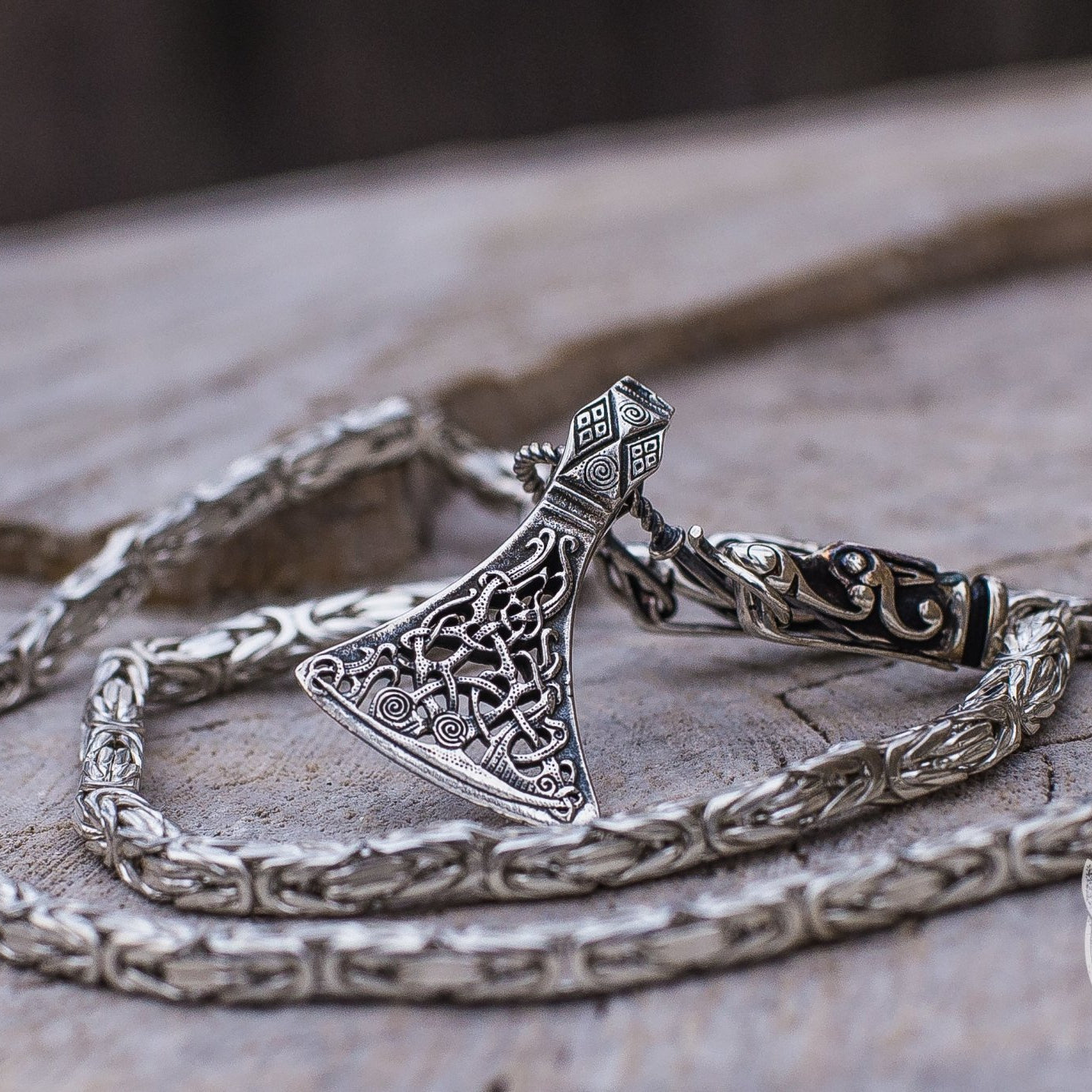 Set of Viking Chain with Wolf Tips and Viking Axe Pendant 925 Sterling Silver - VikingsBrand